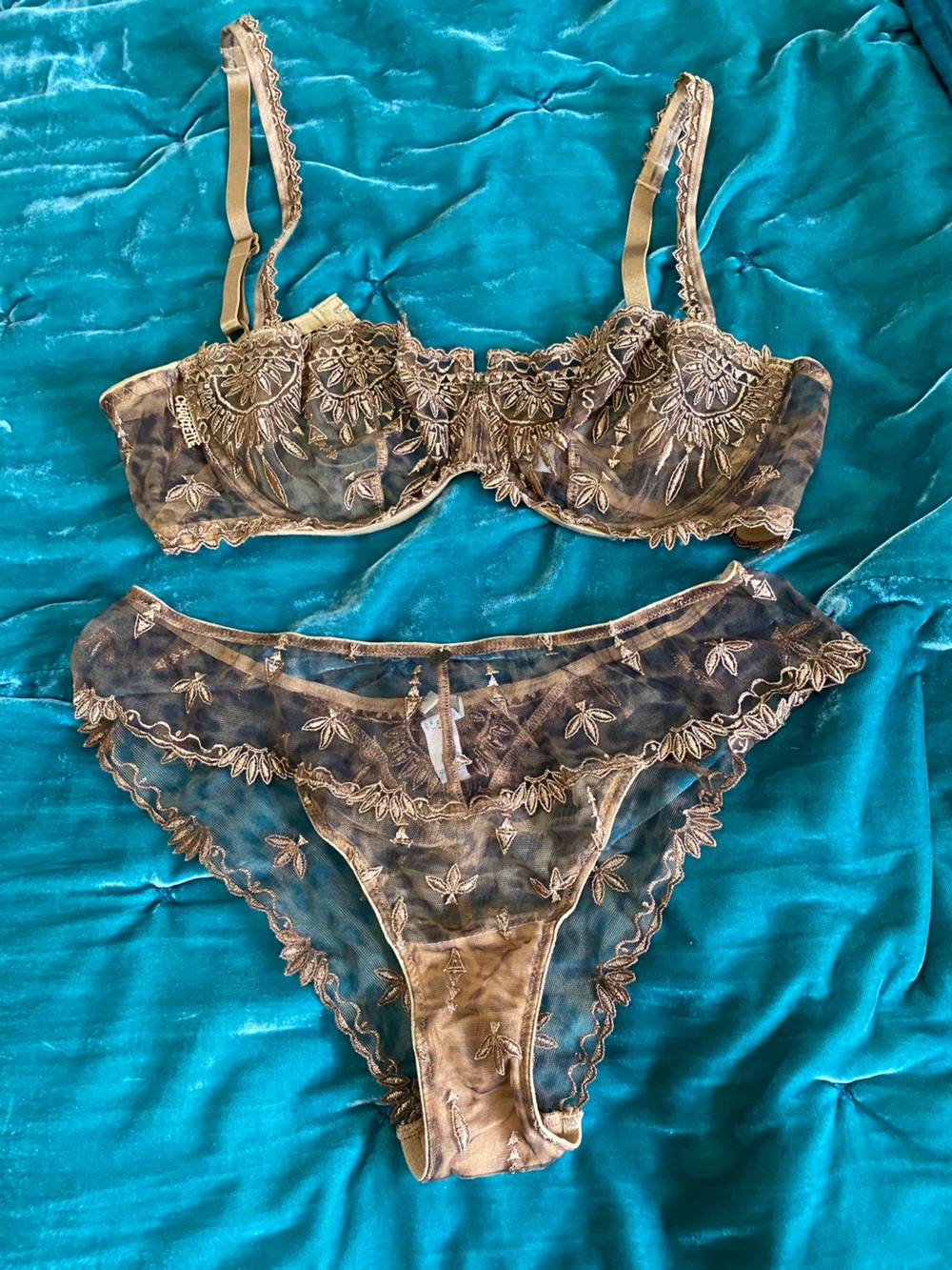 Chantelle Sheer Embroidered Bra & Brief Set in Gold - Picture 2 of 15